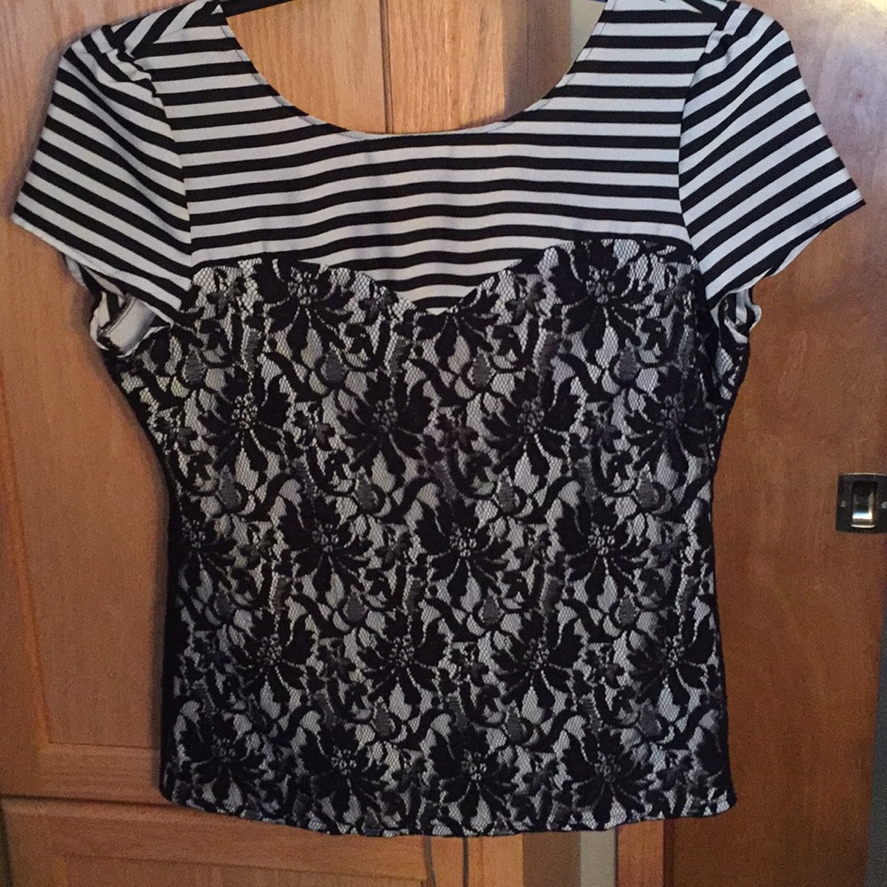 Lace and stripe blouse.